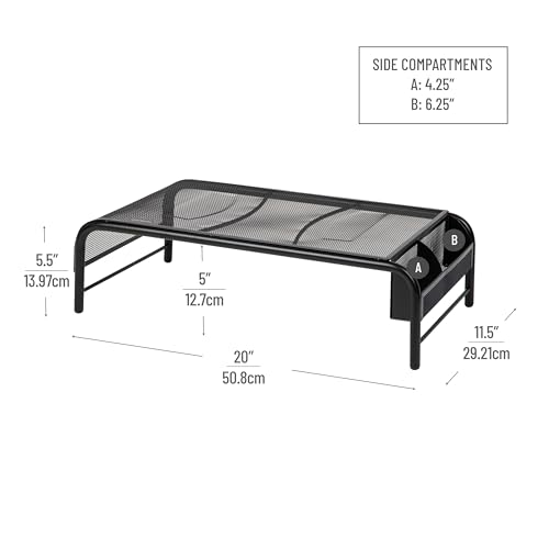 Mind Reader Monitor Stand, Ventilated Laptop Riser, Desktop Organizer, Side Storage, Metal Mesh, 20"L x 11.5"W x 5.5"H, Black - color: Black