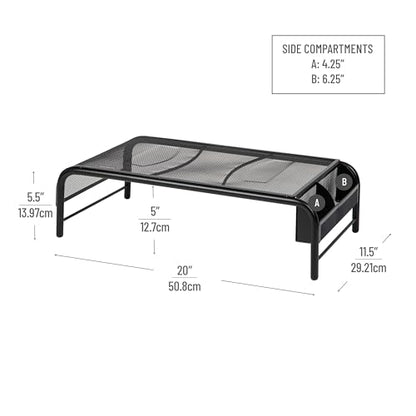 Mind Reader Monitor Stand, Ventilated Laptop Riser, Desktop Organizer, Side Storage, Metal Mesh, 20"L x 11.5"W x 5.5"H, Black - color: Black