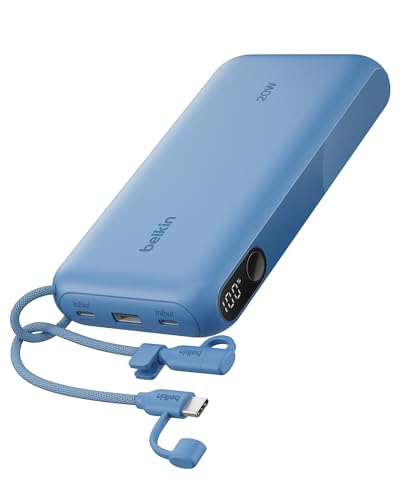 Belkin Portable Charger, USB-C Power Bank 20,000mAh w/ 2X USB-C Ports & 1x A Port, Digital Battery Display, 20W Charging - iPhone 17, Air, Pro, Samsung Galaxy S25, Pixel 10, iPad, & More - Blue - color: Blue, style: 20K mAh