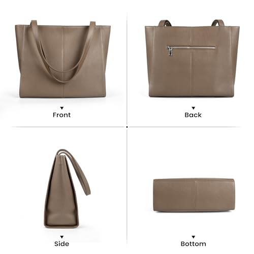 befen Genuine Leather Tote Bag for Women Work Travel Leather Purse Handbags | Real Leather, Padded 14" Laptop Compartment, Multi-Pockets, Zipper, Tote Bag for Daily - color: Dark Taupe