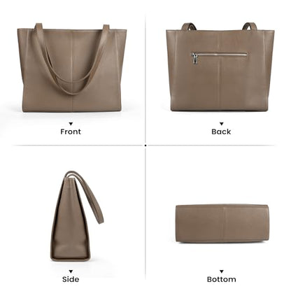 befen Genuine Leather Tote Bag for Women Work Travel Leather Purse Handbags | Real Leather, Padded 14" Laptop Compartment, Multi-Pockets, Zipper, Tote Bag for Daily - color: Dark Taupe