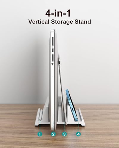 Vertical Laptop Stand for Desk, Dual Slots Plastic Laptop Holder with Space Saving 4-in-1 Design, Adjustable Laptop Stand Supports MacBook, Chromebook, Surface, Dell (White) - color: White