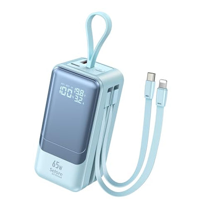 Fast Charging Power Bank 18400mAh 65W Portable Laptop Charger, LED Display, Travel Essential Battery Pack with Built-in USB-C & Lightning Cables for iPhone 16/15/14/13/12 MacBook Samsung - color: Blue