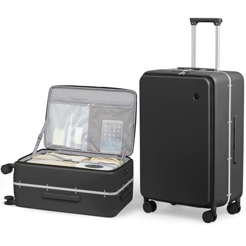 mixi 24 Inch Checked Luggage PC Hard Shell Suitcase Top Opening Aluminum Frame Travel Suitcases with Wheels, Blcak - color: Black, size: 24 Inch