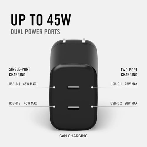 Ridge 45W Wall Charger Set, Dual USB-C Ports, Laptop-Grade Power with Complete Cable Kit Included - Matte Black - color: Matte Black