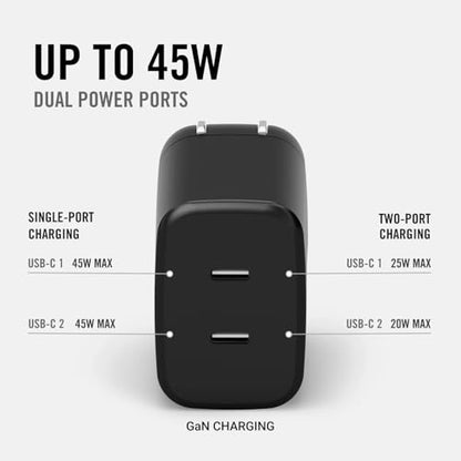 Ridge 45W Wall Charger Set, Dual USB-C Ports, Laptop-Grade Power with Complete Cable Kit Included - Matte Black - color: Matte Black