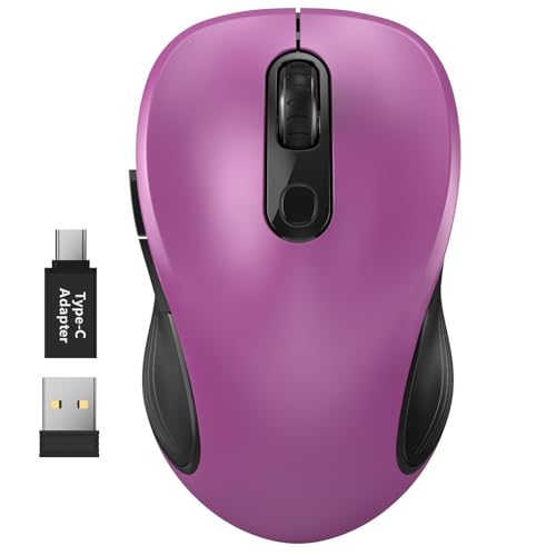 WisFox 2.4G Wireless Mouse for Laptop, Ergonomic Computer Mouse with USB Receiver and Type-C Adapter, 3 Adjustable Levels, 6 Button Cordless Wireless Mice for Windows Mac PC Notebook (Purple) - color: Purple