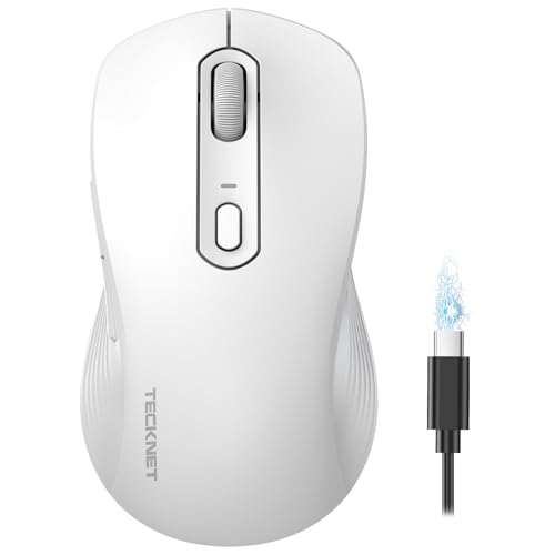 TECKNET Rechargeable Bluetooth Mouse, [ USB + BT5.0 + BT3.0 ] Wireless Mouse, Ergonomic Design, Silent Click, 6-Level 4800 DPI Wireless Mice, 3-Device Switching for Laptop, Computer, MacBook（White） - color: White