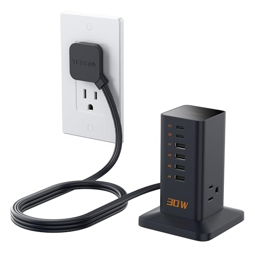 TESSAN 30W USB Charging Station for Multiple Devices 9-in-1 USB Charger | Desktop Accessories with 3 AC Outlet, 2 USB C, 4 USB A for iPhone 17/16/15, Tablet, Earbuds, Home Drom Office, Black - color: Black-30W