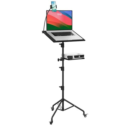 Projector Stand Tripod Laptop Tripod with Wheels & Adjustable Height Portable Podium Stand with Phone Holder Projector Holder for Home, Office, School & DJ Matte Black