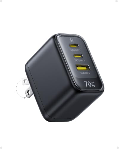 Baseus Enerfill 70W USB C Charger, 3 Port Fast Charging Block with Foldable Plug, GaN Wall Brick Charger Type C for MacBook Pro, iPad Pro, iPhone 17/16/15 Series, Galaxy S25/24, Airpods 4 & More