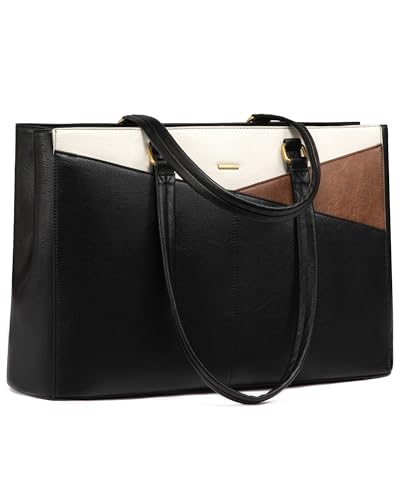 LOVEVOOK Laptop Bag for Women,17.3 Inch Laptop Tote Bag for Women,Vintage Leather Work Tote Bags Computer Teacher Bag,Waterproof Business Office Briefcase - color: Black and White and Brown-laptop Bag, size: 17.3 inch
