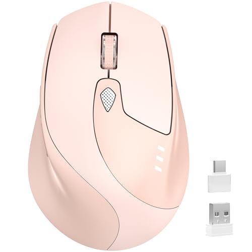 TENMOS M7 Bluetooth Mouse, Rechargeable Dual Mode BT5.1+ 2.4GHz USB Silent Wireless Bluetooth Mouse with Type C Adapter & Battery Indicator, Ergonomic Design for Laptop, iPad, MacBook - Light Pink - color: light pink