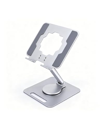 Laptop Stand, Height Adjustable 360° Swivel Anti-Wobble Base | Ergonomic, dual-axis, aluminum arm, carbon steel base, hollow cooling panel, fits 10-17" laptops, foldable, home office - color: silver