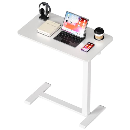 BIZUM Adjustable Hospital Bed Table on Wheels, Rolling Bedside Table White | Adjustable height 29.7-43.3in, 27.6x15.8in surface, cup holder, 22lb capacity, pneumatic lift, 4 swivel wheels - color: White