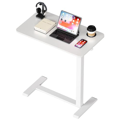 BIZUM Adjustable Hospital Bed Table on Wheels, Rolling Bedside Table White | Adjustable height 29.7-43.3in, 27.6x15.8in surface, cup holder, 22lb capacity, pneumatic lift, 4 swivel wheels - color: White
