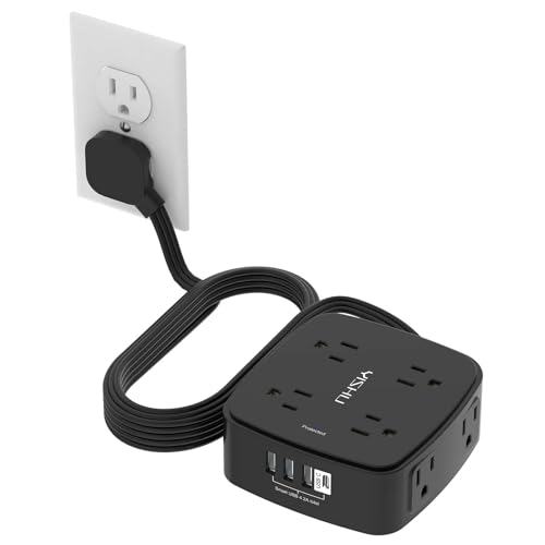 10 Ft Surge Protector Power Strip - YISHU 8 Widely Outlets with 4 USB Ports, 3 Side Outlet Extender with 10 Feet Flat Extension Cord, Ultra Flat Plug, Wall Mount, Desk USB Charging Station, ETL, Black - color: Black(Flat Cord), size: 10 Ft