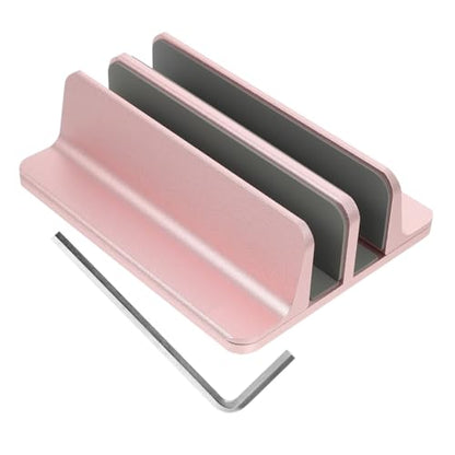 VILLCASE Adjustable Aluminum Alloy Vertical Laptop Stand and Tablet Holder with Dual Storage Slots, Desk Organizer for Home and Office Use, Rose Gold