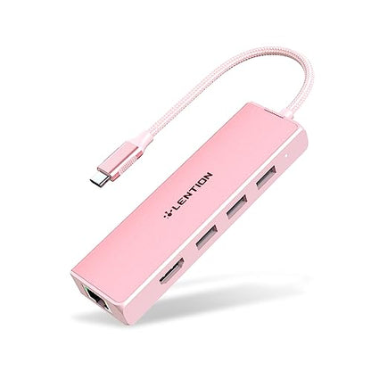LENTION USB C Hub with Gigabit Ethernet Adapter, 4K HDMI, 3 USB 3.0 Port for MacBook Pro, New Mac Air, Surface, Chromebook, More, Stable Driver Certified (CB-C25, Rose Gold)