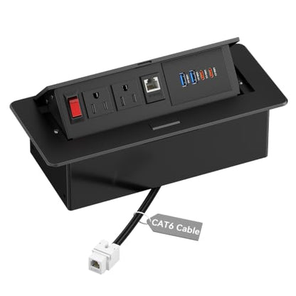 Kungfuking Conference Table Power Outlets with 2 USB C PD 30W, CAT6 Port | Recessed Table Power Outlets with Switch, CAT6 Cable, 2 USB-C & 2 USB-A Ports, Metal Housing, Pop-Up Design - color: 1PCS 6FT Black