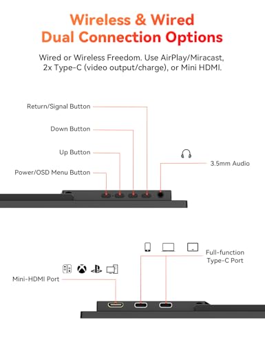 16" 2.5K Wireless Portable Monitor Battery-Powered, Support AirPlay Miracast, 2560×1600P IPS USB-C HDMI External Monitor, 2nd Screen for Laptop MacBook PC Phone Tablet, w/Built-in Battery(4- 5H) - size: 16-inch