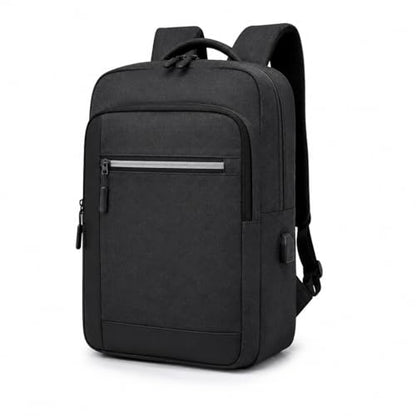 Modern Business Laptop Backpack with USB Charging Port, Black Water-Resistant Material, Front Zip Pocket, Minimalist Design