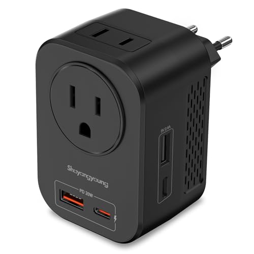 220V to 110V Voltage Converter US to Europe, Travel Adapter with PD 20W USB-C, 2 USB-A Ports, 2 US Outlets, Power Converter Plug for Spain Italy France Germany, Black - color: Black