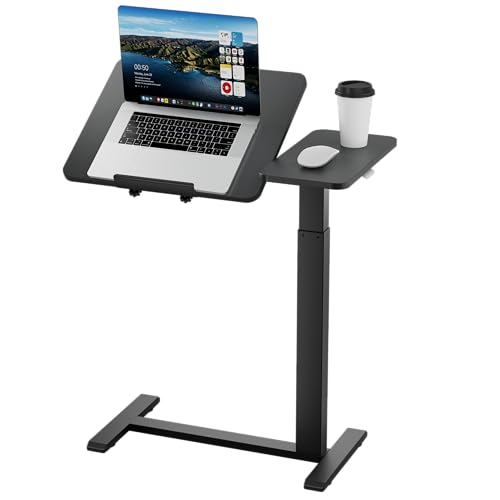 Ywin Medical Overbed Table with Wheels, Lift 27-43in, Black | Steel frame & wood top, 0-60° tilt, rolling casters, 66lb load, pneumatic adjustable height for Bed/hospital/couch/office - color: Black-1, size: 27.6" x 15.8"