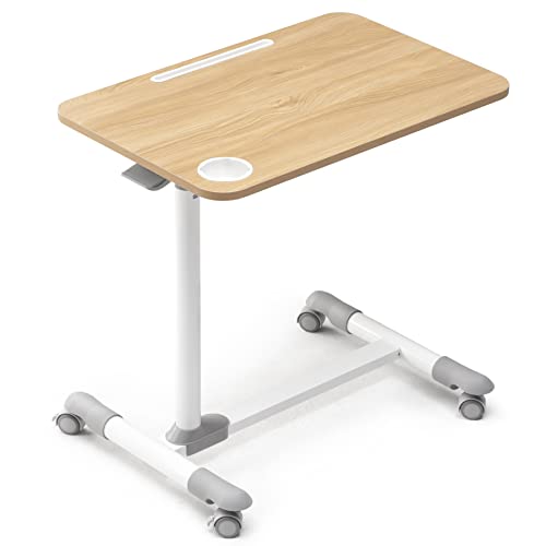 ETHU Overbed Table with Hydraulic Lift, 27.1-34.2 Inch Height Adjustable Bed Table with Lockable Casters - Wood Grain Tabletop with Cup Holder & Charging Slot, 22lbs Capacity Rolling Bedside Desk - color: White/Wood