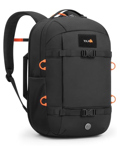 Tolaccea Travel Laptop Backpack 30L Carry On TSA Approved for Commute Trips | 100% RPET Recycled Fabric | EVA-cushioned Laptop Protection | TSA 180° Lay-flat Opening | Reinforced Stability Base Panel - color: Black