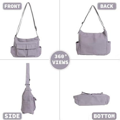 Canvas Messenger Bag Large Hobo Crossbody Bag with Multiple Pockets Casual Shoulder Tote Bag for Women and Men - color: Grey