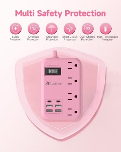 6 USB (2 USB C) Pink Extension Cord,5 Feet Travel Power Strip,4 Outlets | 6 USB,24W USB Charging Station,Travel Power Strip,Pink Desk Accessories, Surge Protector,Cute Kawaii Gifts College Dorm,5 Ft - size: Pink-24W USB-5ft-980J