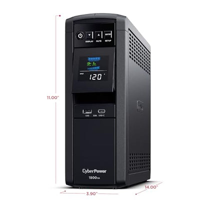 CyberPower CP1500PFCLCD PFC Sinewave UPS Battery Backup and Surge Protector, 1500VA/1000W, 12 Outlets, AVR, Mini Tower, UL Certified | 12 Nema Outlets, Avr, Color LCD, USB a Plus C - size: 1500VA, style: Mini-Tower