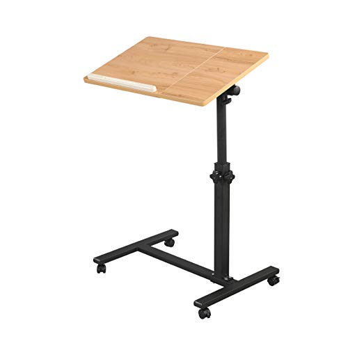 TigerDad Overbed Bedside Desk Mobile Rolling Laptop Stand Tilting Overbed Table with Wheels Height Adjustable Tray Table for Laptop Bed Sofa Side Table (Wood) - color: Wood