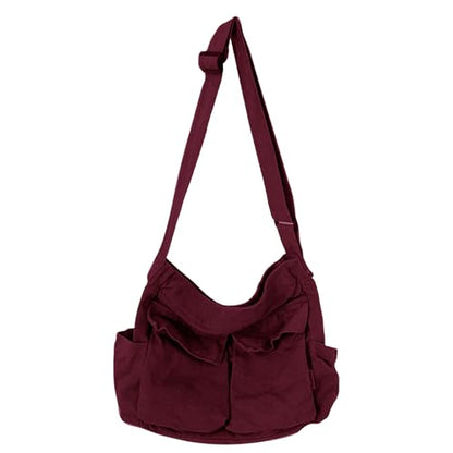 Canvas Messenger Bag Large Hobo Crossbody Bag with Multiple Pockets Casual Shoulder Tote Bag for Women and Men - color: D Red