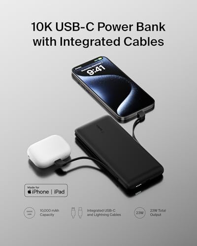 Belkin Portable Charger Power Bank for iPhone/Android (10,000mAh), 23W Battery Pack with Integrated USB-C, Lightning Cables, Pass-Through Capability, Charge 2 Devices at Once, Phone Charger Power Bank - color: Black