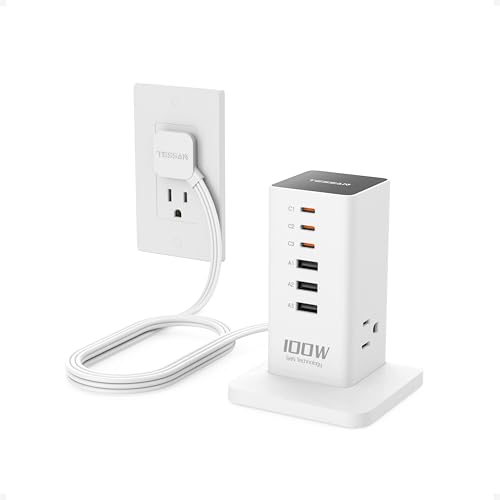 TESSAN 100W USB Charging Station for Multiple Devices 9-in-1 USB Charger | Desktop Accessories with 3 AC Outlet, 3 USB C, 3 USB A for iPhone 17/16/15, MacBook, Tablet, Home Drom Office, White - color: White-100W