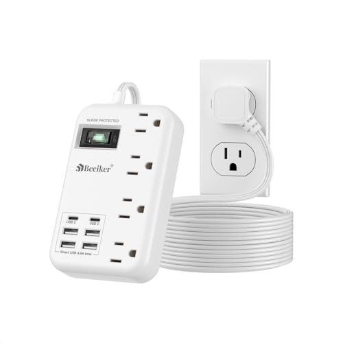 Beeiker 6 USB(2 USB C) Surge Protector Power Strip,10 Ft Extension Cord | 6 USB (2 USB C),24W USB Charging Station,4 Outlets,Long Flat Extension Cord with Multiple Outlets,For Home Office Dorm,White - size: 24W USB-10ft-980J