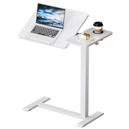 BIZUM Overbed Rolling Table with Adjustable Tilt Top Mobile Bedside Desk with Hidden Wheels Pneumatic Height Adjustable Laptop & Meal Table for Home and Hospital Use(27.6x15.8, White) - color: White