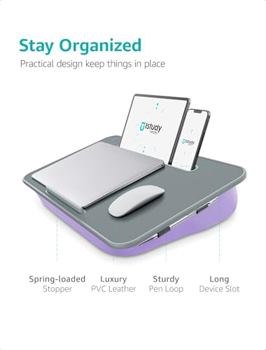 Istudyniture Lap Desk | Portable Laptop Desk & Stand – Fits Up to 17 inch – Washable Cushion, Built-in Phone Holder – for Bed, Couch, Sofa, Floor – Writing, Reading, Home Office – Large, Purple - color: Purple