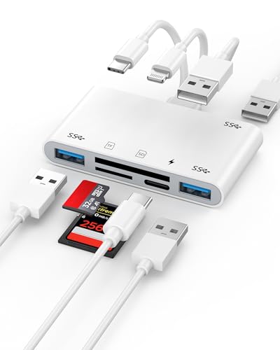 5-in-1 Memory Card Reader with OTG Adapter for iPhone 17 16 15 14 13 12 | OTG & SD Card Reader, Type C/Lightning/USB Devices with TF/SD Card Reader/3 USB 3.0/Type C Charging Slots, Plug and Play - size: 6-in-1