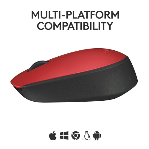 Logitech M170 Compact Ambidextrous 2.4 GHz Wireless Mouse - Red | Ambidextrous mouse with 2.4 GHz USB-A Nano Receiver, Optical Tracking, 12-Months Battery Life, PC, Mac, Laptop compatible - color: Red