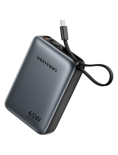 VENTION 45W Power Bank, 20000mAh with Built-in USB-C Cable, Fast Charging Travel Portable Charger with LED Digital Display for iPhone 17/16/15 Xiaomi Galaxy S26/S25 iPad Laptop(Gray) - color: Gray