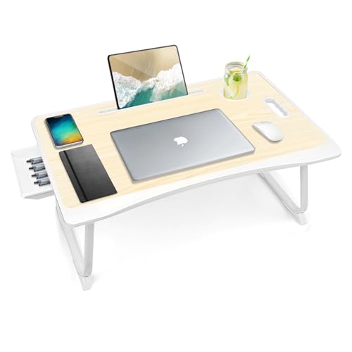Amaredom Laptop Bed Desk Tray Bed Table, Foldable Portable Lap Desk Notebook Stand Reading Holder with Storage Drawer and Cup Holder for Eating Breakfast on Bed/Couch/Sofa-White Maple - color: White Maple