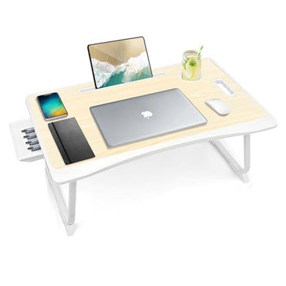 Amaredom Laptop Bed Desk Tray Bed Table, Foldable Portable Lap Desk Notebook Stand Reading Holder with Storage Drawer and Cup Holder for Eating Breakfast on Bed/Couch/Sofa-White Maple - color: White Maple