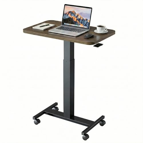 HUANUO Small Rolling Laptop Standing Desk, Height Adjustable Mobile T-Base Desk with Lockable Casters, Portable Sit-Stand Workstation for Bedside & Sofa, Walnut - color: Walnut