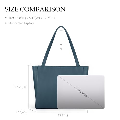 befen Genuine Leather Tote Bag for Women Work Travel Leather Purse Handbags | Real Leather, Padded 14" Laptop Compartment, Multi-Pockets, Zipper, Tote Bag for Daily - color: Teal Blue