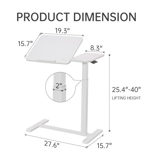 Adjustable Tilt Overbed Table with Hidden Wheels, Mobile Standing Laptop Desk, Portable Pneumatic Computer Cart, Rolling Medical Bed Side Table for Hospital and Home Use, White