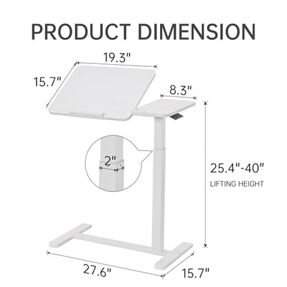 Adjustable Tilt Overbed Table with Hidden Wheels, Mobile Standing Laptop Desk, Portable Pneumatic Computer Cart, Rolling Medical Bed Side Table for Hospital and Home Use, White