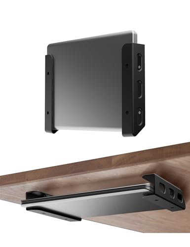 Universal Laptop Wall Mount or Under Desk Mount Holder, Black | Fit for Macbook, Keyboard, Surface, Router, Modems and More Small Devices Up to 40mm/1.57in Thick, Fixed by Screw or Adhesive